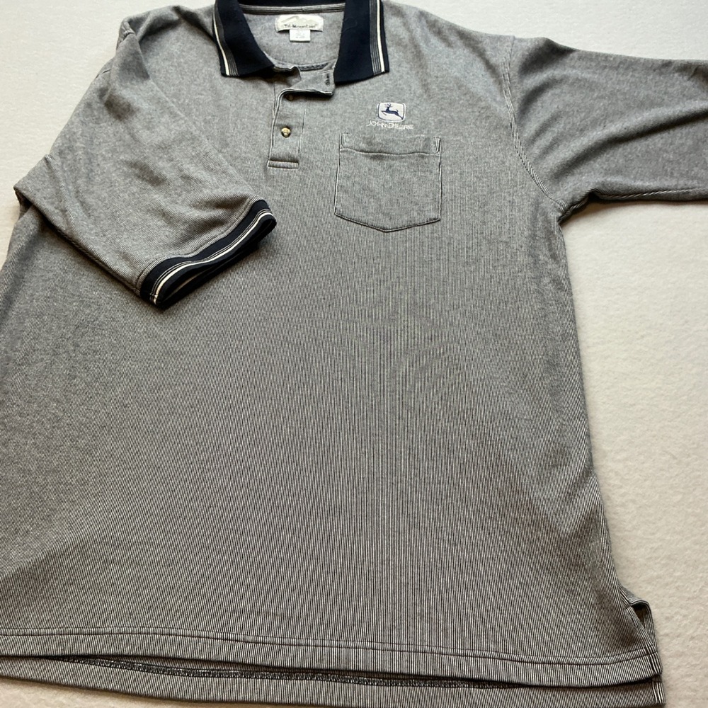 Tri-Mountain John‎ Deere Polo Shirt Pocket Striped Gray XLT Mens Short Sleeve